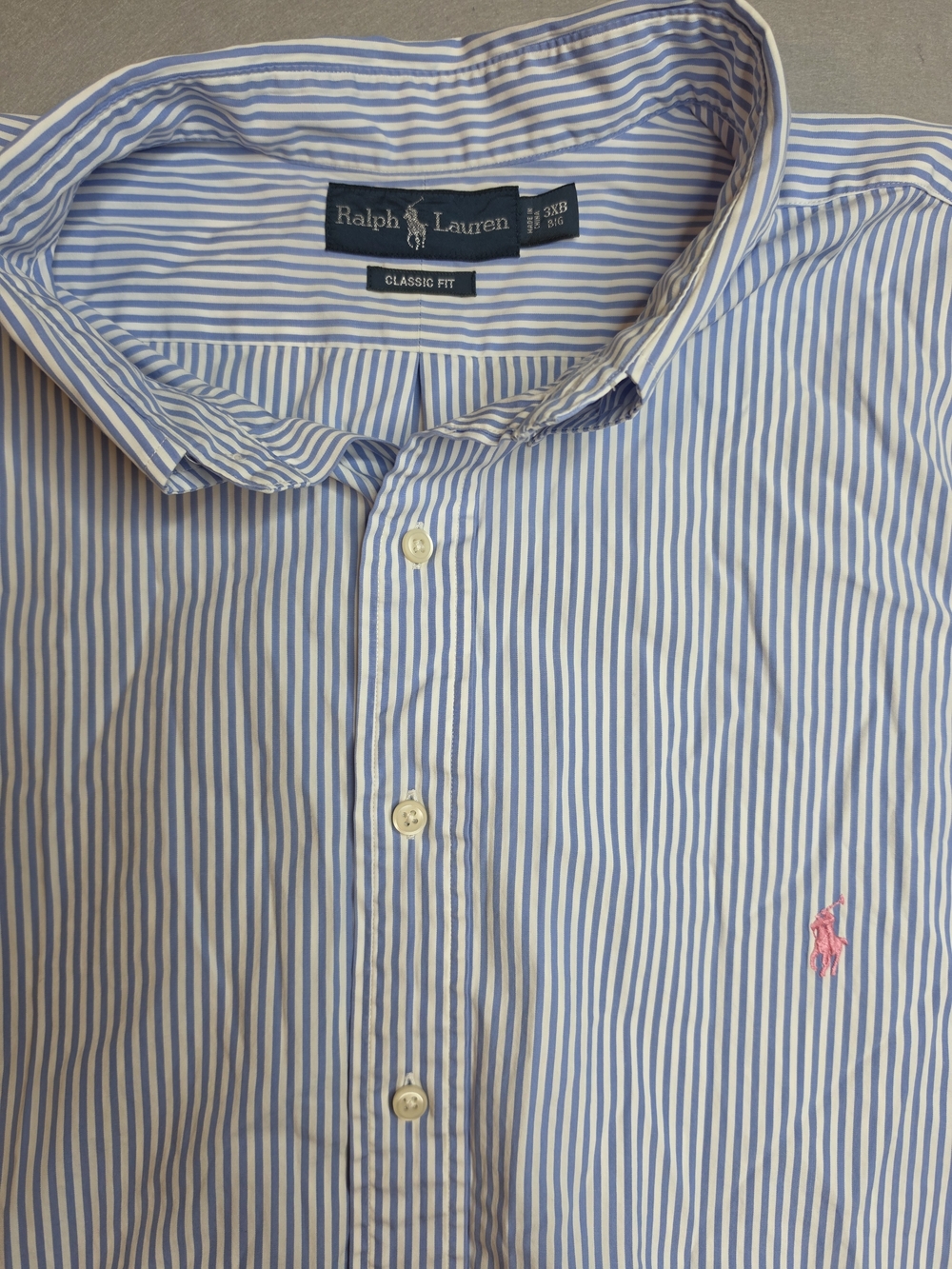 Ralph Lauren Blue and White Striped Button-Up Shirt with Pink Pony 3XB BIG